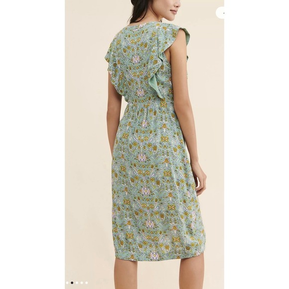 Anthropologie Women's Maeve Blossom Ruffled Mini Dress Sage Floral Draped Sz 8 - Picture 2 of 12